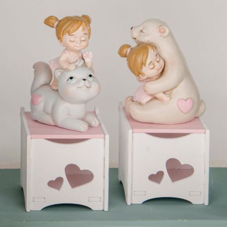 SCATOLINE PORTA CONFETTI TRAFORATE CON CUORICINI E STATUINA TENERE BAMBINE ASSORTITE