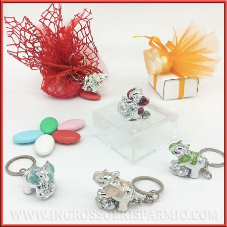 BOMBONIERE PORTACHIAVI ARGENTATI ELEFANTINI PORTAFORTUNA ROSSI ROSA CELESTE GADGET NOZZE COMUNIONE INGROSSO