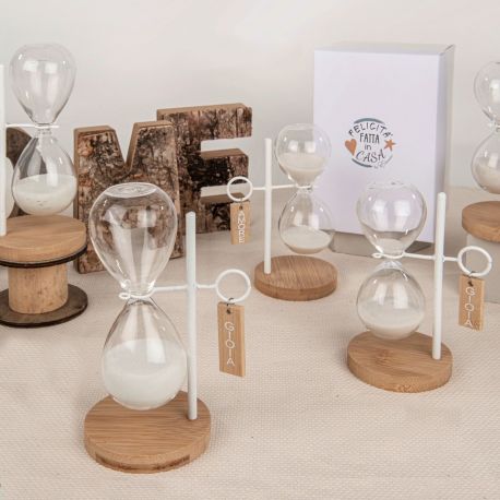 CLESSIDRA SABBIA BIANCA"GIOIA, SOGNI, AMORE" BOMBONIERE PRIMA COMUNIONE