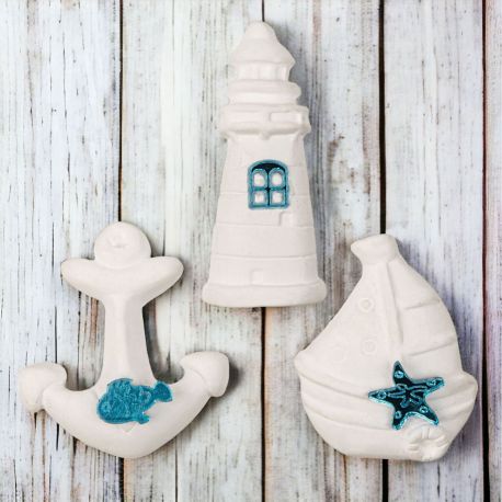 CALAMITA GESSETTO A TEMA MARE : BARCA, FARO E ANCORA CON PARTICOLARI AZZURRI