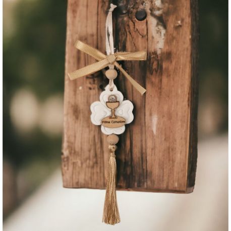 SEGNAPOSTO PRIMA COMUNIONE: APPENDINO GESSETTO QUADRIFOGLIO CON CALICE E LEGNO