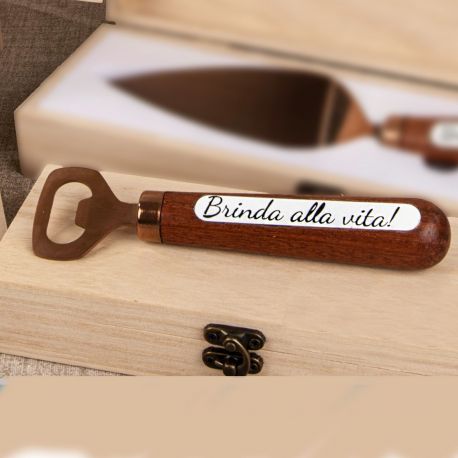 APRIBOTTIGLIE "BRINDA ALLA VITA" IN LEGNO E METALLO BOMBONIERE UTILI