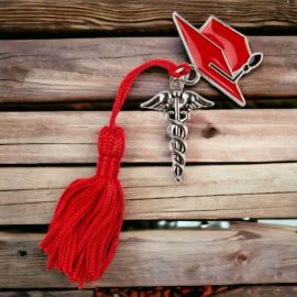 CIONDOLO CADUCEO CON NAPPINA E TOCCO ROSSO - BOMBONIERA LAUREA FARMACIA