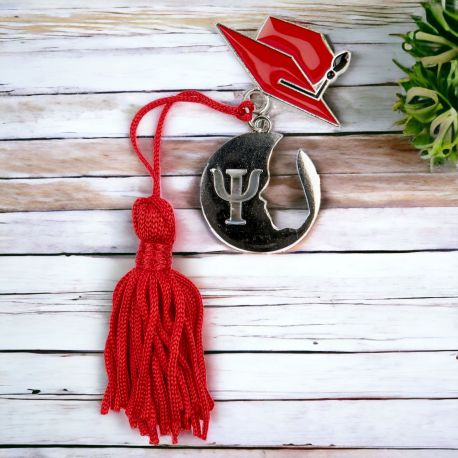 BOMBONIERA LAUREA PSICOLOGIA: CIONDOLO SIMBOLO PSI , TOCCO ROSSO E NAPPINA IN TINTA