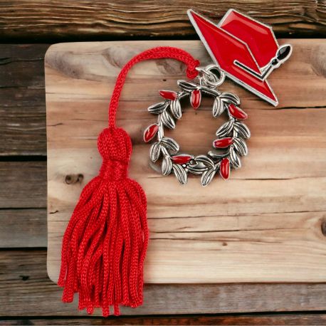CIONDOLO LAUREA CON CORONA D'ALLORO CON PARTICOLARI FOGLIE ROSSE