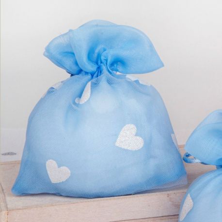 SACCHETTINI PORTACONFETTI CELESTI CON CUORICINI GLITTER CONFETTATA BIMBO