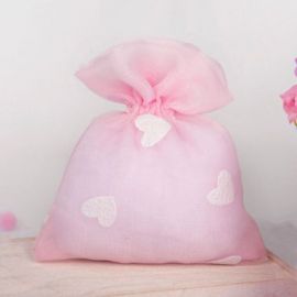 SACCHETTO PER CONFETTI NASCITA BIMBA ROSA CON CUORI GLITTERATI BIANCHI