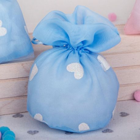 CONFETTATA NASCITA BIMBO SACCHETTO PER CONFETTI CELESTE CON CUORI GLITTER