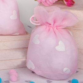 SACCHETTI PER CONFETTI ROSA CON CUORICINI GLITTERATI CONFETTATA NASCITA BIMBA