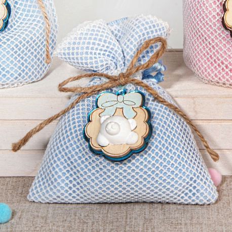 SACCHETTI PORTA CONFETTI AZZURRO CON APPLICAZIONE ORSETTO