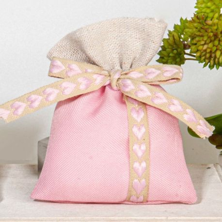 SACCHETTI CONFETTI ROSA E BEIGE CON NASTRINO BEIGE E CUORICINI CONFETTATA BIMBA
