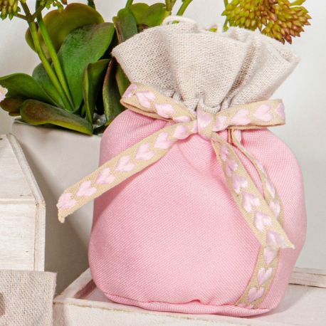 SACCHETTO TONDO PER CONFETTI ROSA E BEIGE CONFETTATA BIMBA