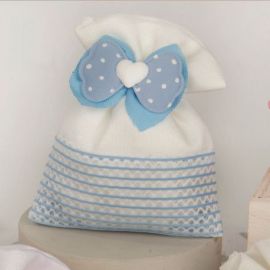 SACCHETTO PORTACONFETTI CELESTE E BIANCO CON ELEGANTE FIOCCO