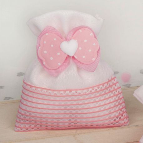 ELEGANTE SACCHETTO PORTACONFETTI FIOCCO ROSA E CUORICINO, CONFETTATA BIMBA