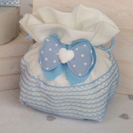 SACCHETTO PORTACONFETTI ELEGANTE TONDO: CON DECORAZIONI & FIOCCO CELESTE