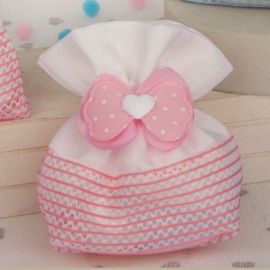 SACCHETTO ROSA E BIANCO PER CONFETTATA CON CUORICINO E DOPPIO FIOCCO