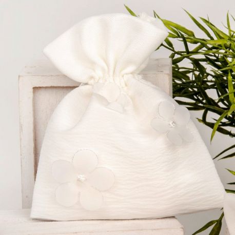 SACCHETTO PORTACONFETTI BIANCO CON FIORELLINI IN TESSUTO CONFETTATA COMUNIONE