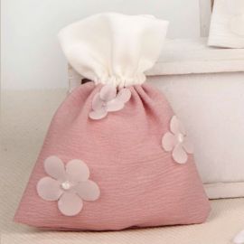 SACCHETTO PORTACONFETTI ROSA CON FIORI BIANCHI CONFETTATA