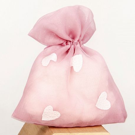 SACCHETTO PORTACONFETTI IN ORGANZA ROSA CON CUORICINI BIANCHI: IL DETTAGLIO PERFETTO PER LE TUE CELEBRAZIONI