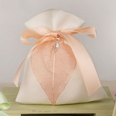 LINEA FOGLIA BAG SACCHETTINO PORTA CONFETTI CON DOPPIO CIONDOLO A FORMA DI FOGLIA-BOMBONIERA COMUNIONE