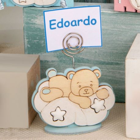 MEMOCLIP ORSETTO SU NUVOLA CELESTE CON STELLINE NASCITA BIMBO