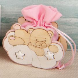 SCATOLINA PORTACONFETTI TENERO ORSETTO SU NUVOLA ROSA NASCITA BIMBA