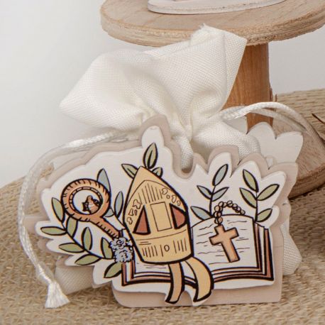 PORTACONFETTI IN LEGNO CON SIMBOLI SACRI SANTA CRESIMA