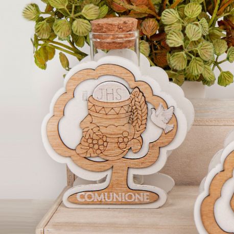 ALBERO DELLA VITA CON FIALA, SCRITTA COMUNIONE, CALICE E OSTIA
