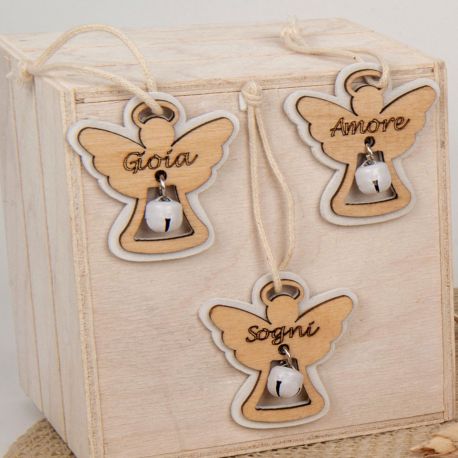APPENDINI ANGIOLETTI IN LEGNO CON SONAGLIO AMORE, GIOIA , SOGNI