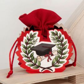 SCATOLINA PER CONFETTI CON SACCHETTO ROSSO CON TOCCO E CORONA D'ALLORO