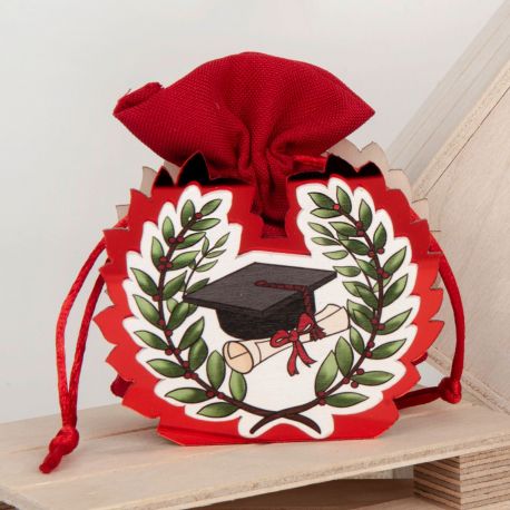 SCATOLINA PER CONFETTI CON SACCHETTO ROSSO CON TOCCO E CORONA D'ALLORO