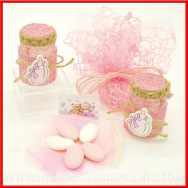 PORTACONFETTI NASCITA BIMBA BARATTOLINI BIBERON ROSA IDEE IN OFFERTA CONFETTATA ECONOMICA IN JUTA FAI DA TE