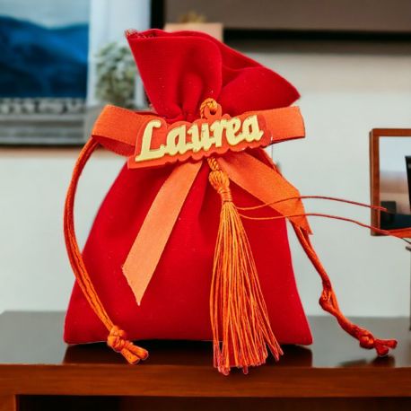 ORIGINALE SACCHETTO PER CONFETTI ROSSO CON FIOCCO E SCRITTA LAUREA IN PLEX