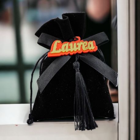 SACCHETTO CONFETTI NERO CON FIOCCO E SCRITTA LAUREA IN PLEXIGLASS