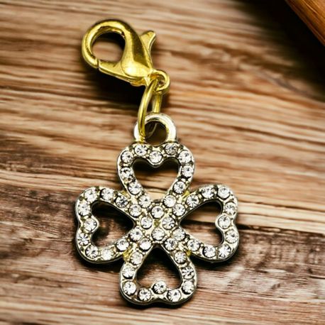 PENDAGLIO QUADRIFOGLIO DORATO CON BRILLANTINI- PORTAFORTUNA