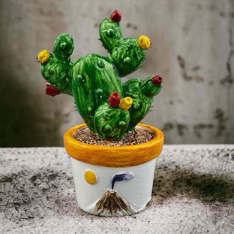 CACTUS SEGNAPOSTO: FIORI GIALLI E ROSSI CON VASO VULCANO E SOLE