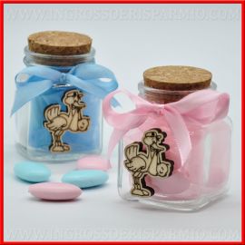 BARATTOLI VETRO BOMBONIERE PORTACONFETTI CON TAPPO IN SUGHERO CON CICOGNA E FIOCCO NASCITA