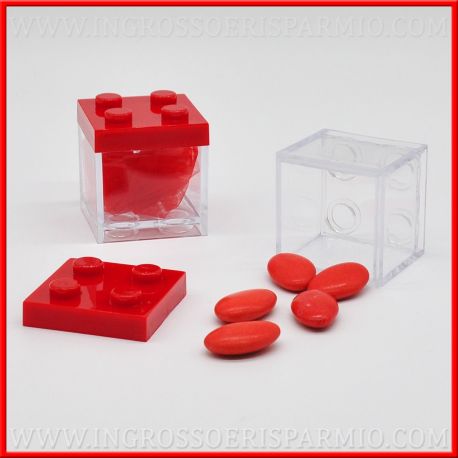 SCATOLE PORTACONFETTI LEGO CUBO PLEXIGLASS MATTONCINO CON TAPPO ROSSO LAUREA