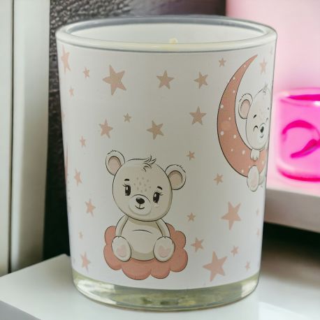 PORTACANDELA DECORATO CON ORSETTO SU LUNA E STELLINE ROSA