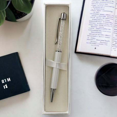 PENNA A SFERA IN METALLO COLOR ARGENTO CON PERLINE BIANCHE