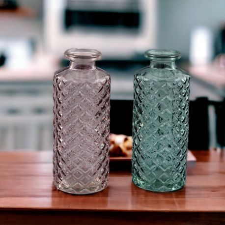 BOTTIGLIA CILINDRO IN VETRO COLORATA ROSA E VERDE PER BATTESIMO, COMUNIONE...