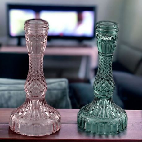 PORTA CANDELA DI VETRO DIAMOND: ROSA E VERDE TRASPARENTE