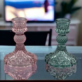 CANDELIERE DI VETRO ROSA E VERDE PER FESTE E COMPLEANNI