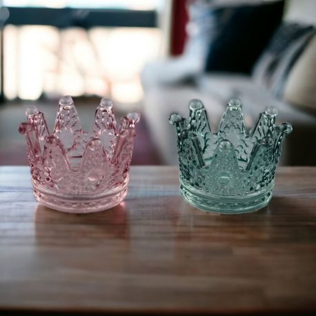 PORTACANDELE CORONA ROSA E VERDE IN VETRO : REGALO BATTESIMO, MATRIMONIO, COMUNIONE