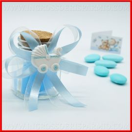 BOMBONIERE NASCITA BAMBINO CON BARATTOLINO PORTACONFETTI DECORATO CON GESSETTI CARROZZINA CELESTE