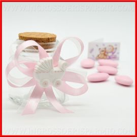 PICCOLI BARATTOLI PER BOMBONIERE PORTACONFETTI NASCITA BAMBINA CON GESSETTI CARROZZINA