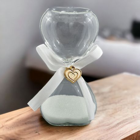 BOMBONIERA CLESSIDRA SABBIA BIANCA CON NASTRINO E CUORICINO