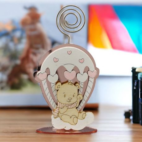 MEMOCLIP MONGOLFIERA ROSA IN PLEXIGLASS, LEGNO E ORSETTO