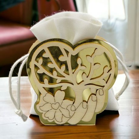 PORTA CONFETTI CUORE DORATO ALBERO DELLA VITA + SACCHETTINO