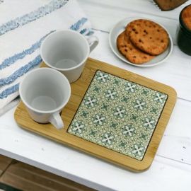 REGALA UN RAFFINATO SET 2 TAZZINE CAFFE' CON VASSOIO-LEGNO E CERAMICA